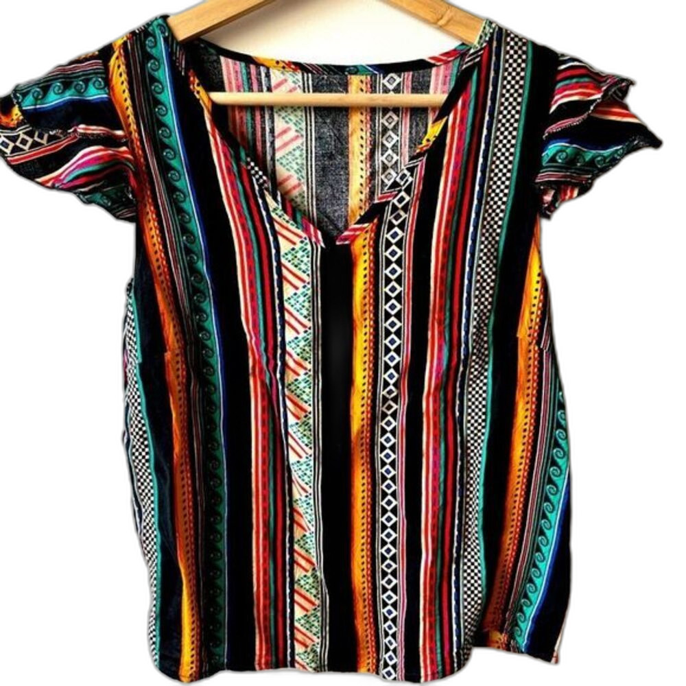 Striped cap sleeve top​ small global lightweight lagenlook colorblock funky